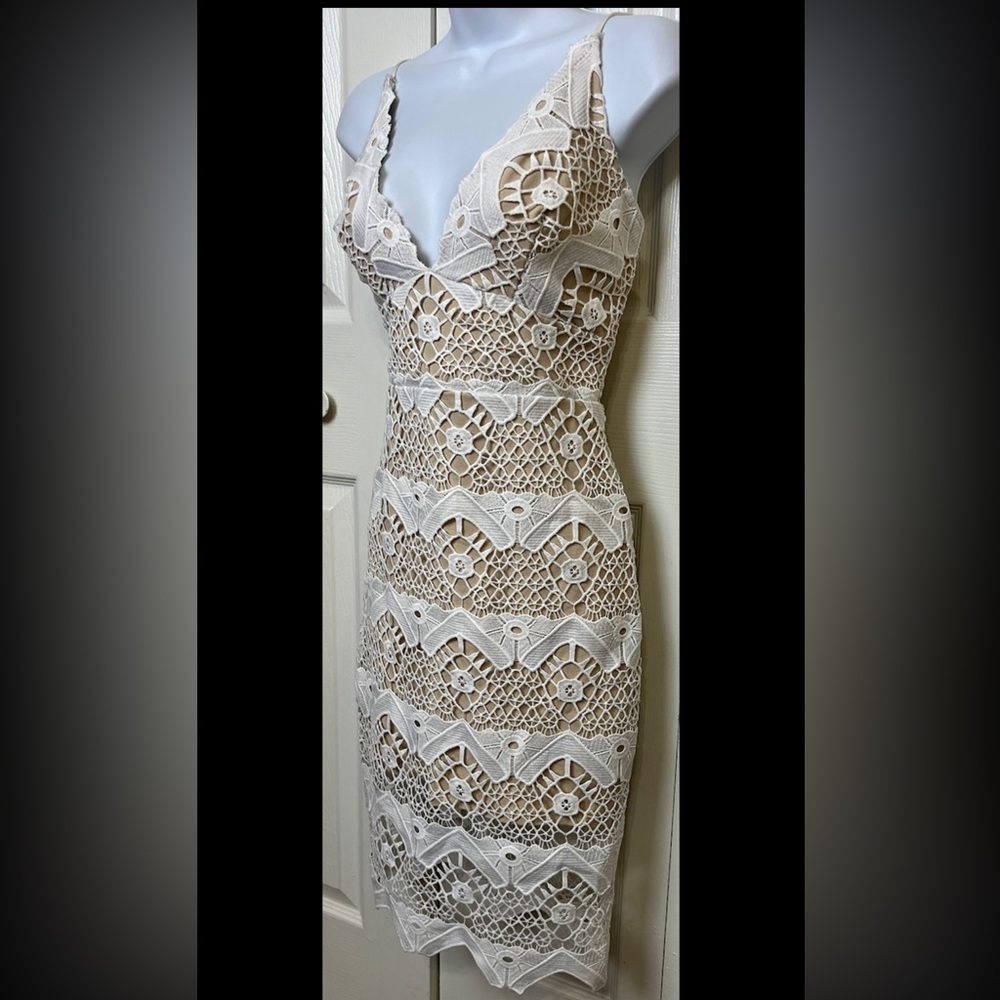 LULUS Dress Sway Away Crochet White Beige Overlay Lace Evening Party Mini - Picture 5 of 12